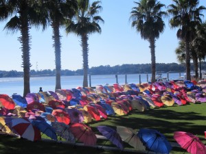 Umbrellas set up by a local hospice in the waterfront park.