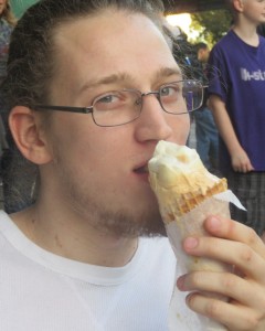 JL enjoying his Leopold ice cream, after waiting in line for 35 minutes.