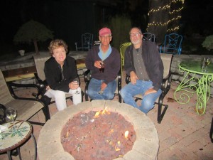 Cathy, Mark, and Dudley enjoying the fire pit at Bakka's. Can you say s'mores!