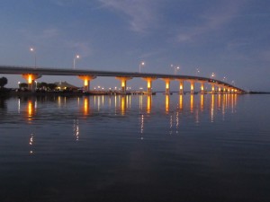 Max Brewer Bridge, in Titusville, in view from our anchorage just after sunset.