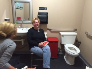 Donna and I are enjoying a lighthearted moment in the ladies room---our storm shelter.