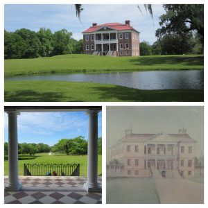 Drayton Hall from across pond; Looking across front lawn from front portico; watercolor painting.