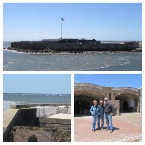 Fort Sumter, looking towards the ocean; sailboat races can be seen in harbor; Cathy, Mark, and Dudley.