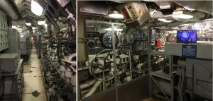 The engine room and control room of the USS Clamagore.