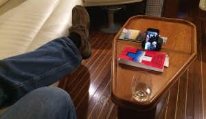 Dudley's phone is propped so we could FaceTime with Fred and Linda for our virtual cocktail party.