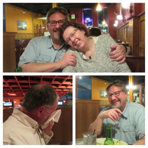 Top: Curt and Barbara , aka the matchmakers. Left: Dudley wiping tears from his eyes. Right: Curt delights in bringing Dudley to tears.