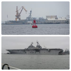 Top: Red 36 is Mile Zero of the Atlantic Intracoastal Waterway (AICW). Bottom: Navy aircraft carrier in shipping channel as we race alongside, outside of channel.