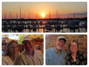 Bridge Pointe Marina at sunset; Annette & Anthony and the Captain & Me enjoying some libations after the Clydesdales.