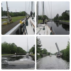 The South Mills Lock and Bridge opening, with Magnolia leading the way through the bridge.