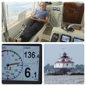 Top: Dudley relaxing during my 2-hour shift at the helm. Left: 136' of depth---wow, it's been awhile since we saw those depths. Thomas Point Lighthouse just south of Annapolis.
