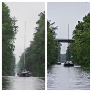 The left photo is the stern of Magnolia. The right photo, courtesy of Anthony Baker, is the bow of Belle Bateau heading north on the Dismal Swamp.