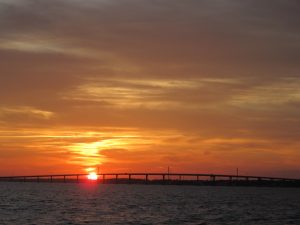 View of sunset from our anchorage, looking towards the Atlantic Beach Bridge, just south of Beaufort NC.