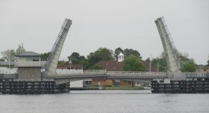 The Elizabeth City bascule bridge is in the foreground (ignore the new bridge raised in the background). If you look closely, you'll note that the foreground bridge didn't completely close. 
